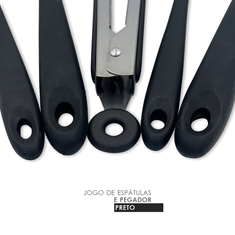 Conjunto De Espátulas E Pegador Em Silicone Unyhome 5 Peças - PRETO - Leve Compre