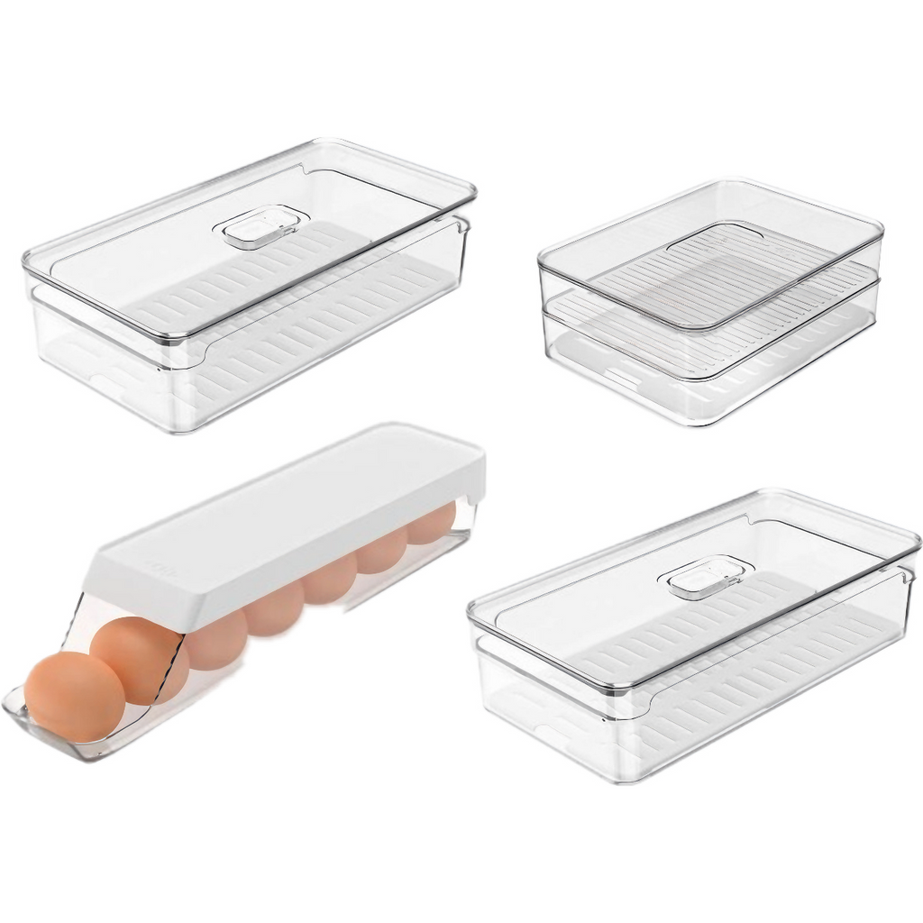 Kit 4 Organizadores De Geladeira Clear Fresh: Porta Ovos 7un, Porta Frios e 2 Potes