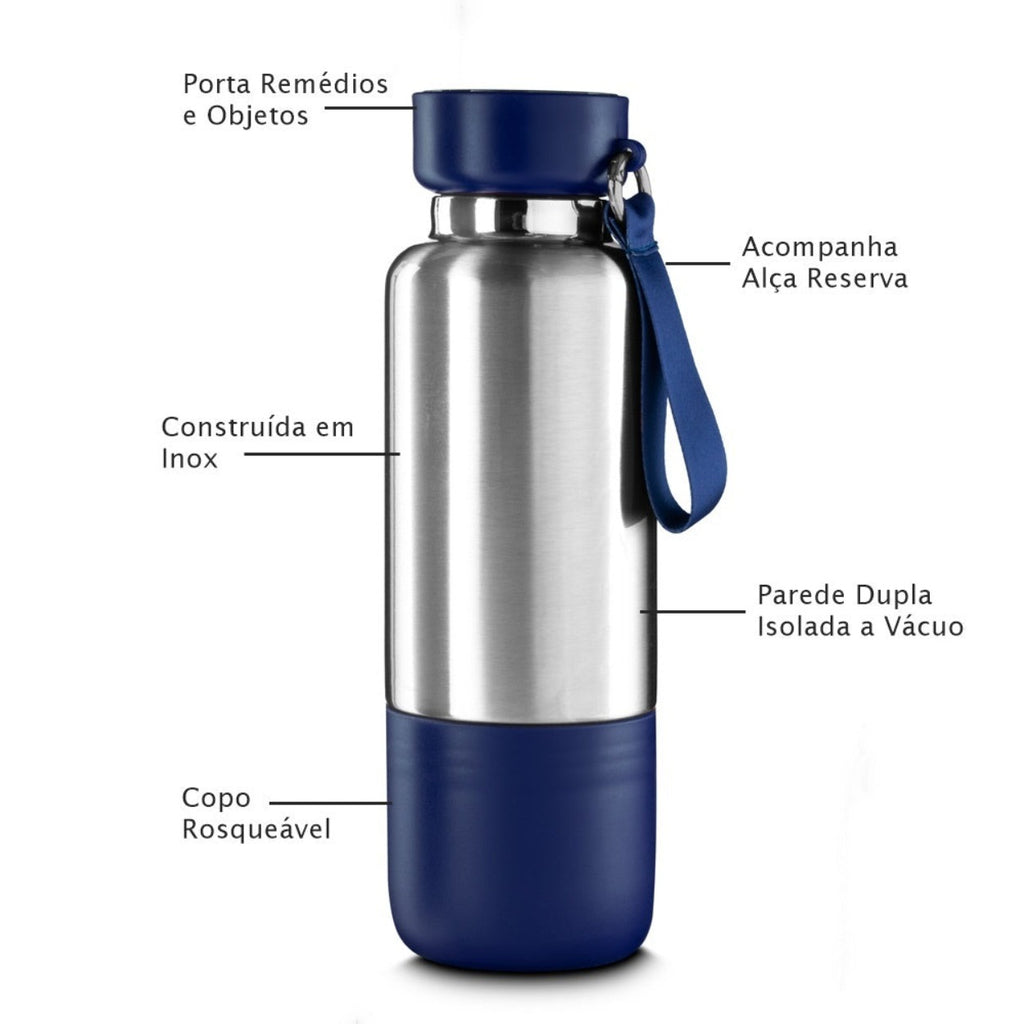 Garrafa em Inox Parede Dupla 500ml Com Copo e Porta Objetos Azul