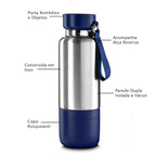 Garrafa em Inox Parede Dupla 500ml Com Copo e Porta Objetos Azul