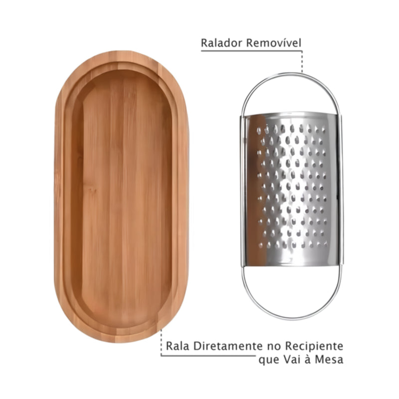 Ralador de Queijo de Mesa Em Inox com Recipiente em Bambu - Leve Compre