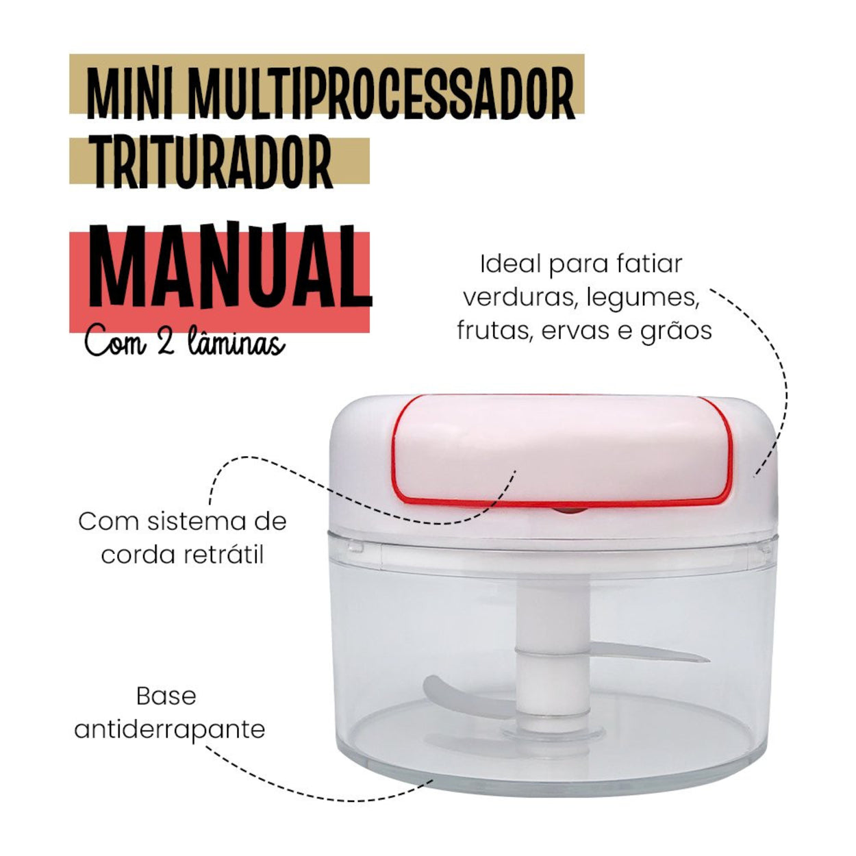 Mini Multiprocessador Triturador Manual 2 Lâminas Inox Alho - Leve Compre