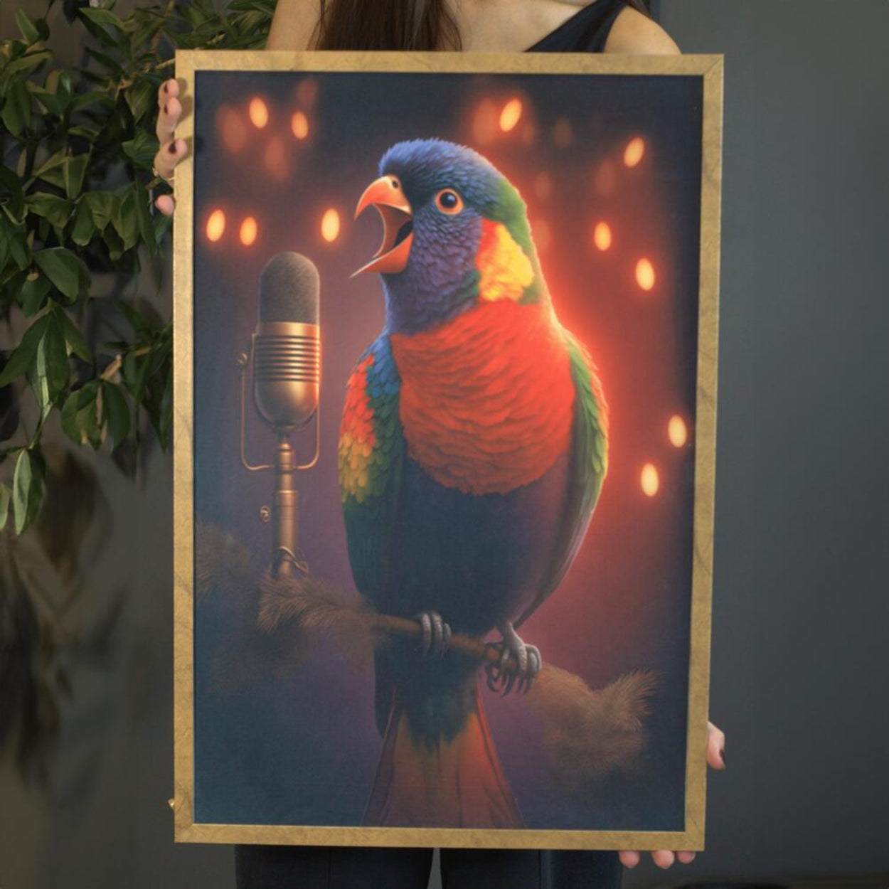Quadro Com Moldura Dourada Impresso em Tela 62x43cm - Pássaro - Leve Compre
