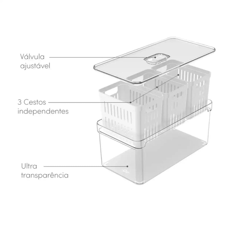 Organizador De Geladeira com 3 Cestos e Tampa Acrílico 5L Clear Fresh leve compre