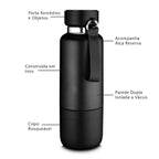 Garrafa em Inox Porta Comprimidos Parede Dupla 500ml Com Copo Preta
