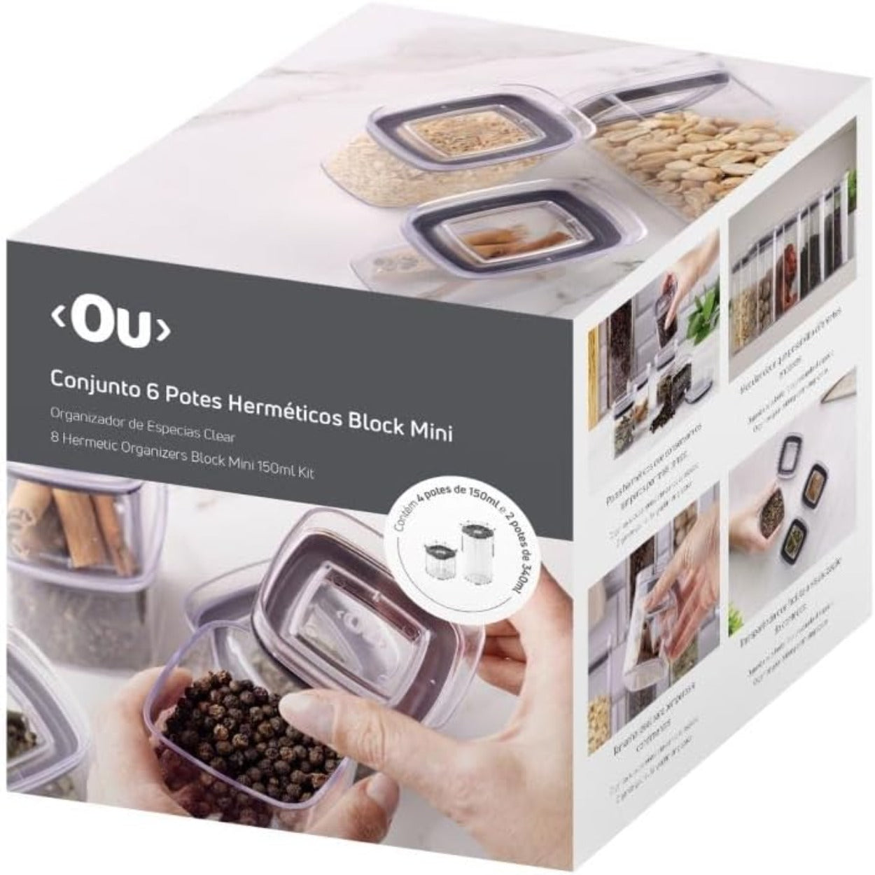 Kit 6 Potes Herméticos Modulares Porta Temperos 150ml e 340ml