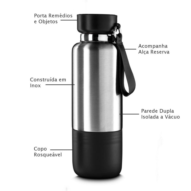 Garrafa em Inox Parede Dupla 500ml Com Copo e Porta Objetos Preta