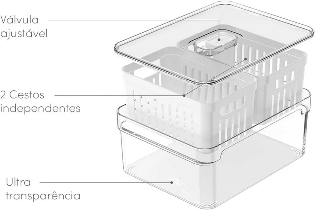 Mantenha sua geladeira organizada com o Organizador de Geladeira com 2 Cestos Clear Fresh. Com capacidade de 2,2 litros e cestos removíveis, oferece espaço adicional e versatilidade para armazenar seus alimentos. Seu design funcional e estilo moderno complementam qualquer cozinha. Adquira o seu hoje e simplifique a organização dos seus alimentos!