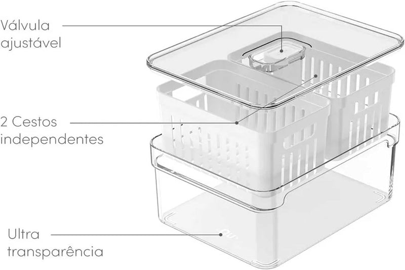 Mantenha sua geladeira organizada com o Organizador de Geladeira com 2 Cestos Clear Fresh. Com capacidade de 2,2 litros e cestos removíveis, oferece espaço adicional e versatilidade para armazenar seus alimentos. Seu design funcional e estilo moderno complementam qualquer cozinha. Adquira o seu hoje e simplifique a organização dos seus alimentos!