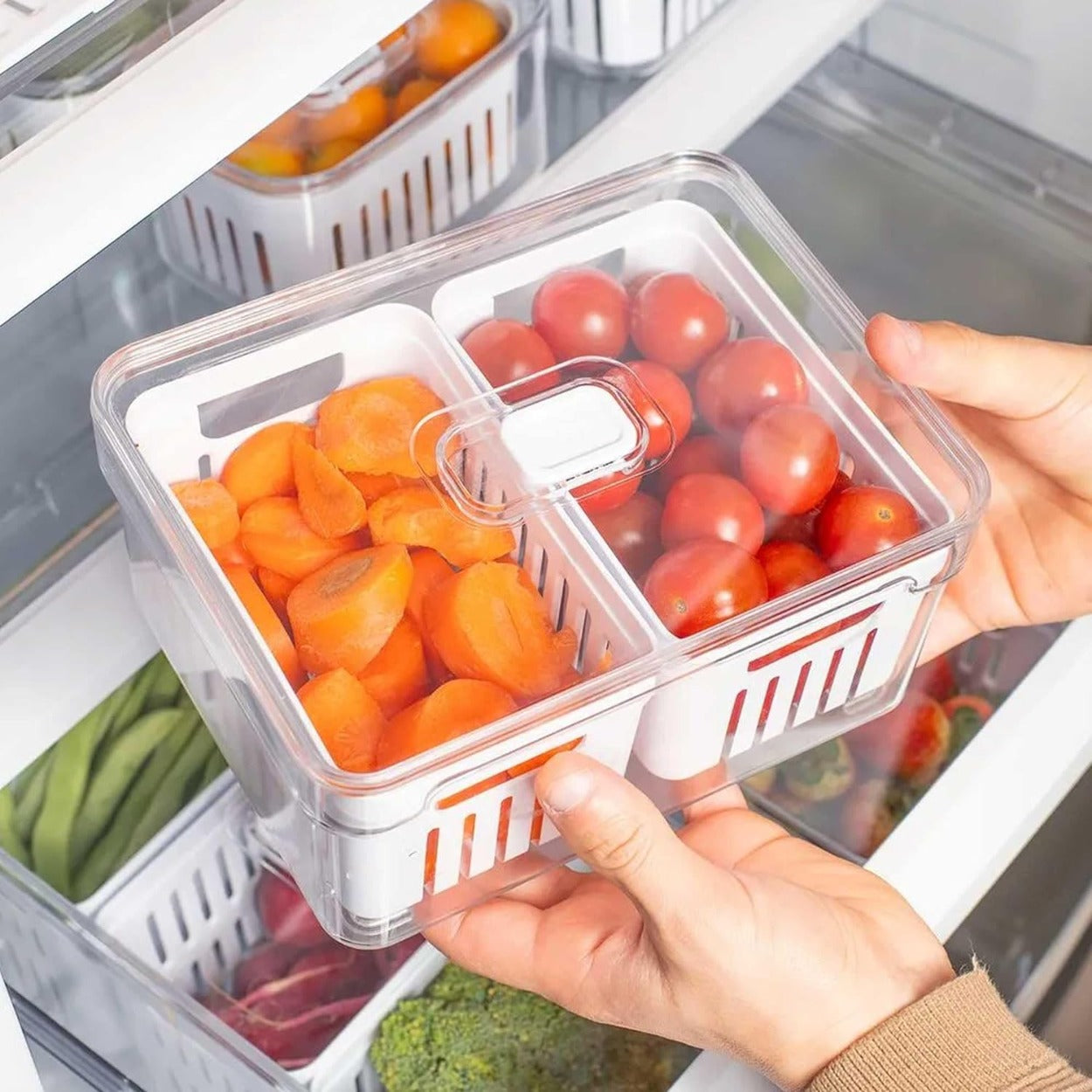 Mantenha sua geladeira organizada com o Organizador de Geladeira com 2 Cestos Clear Fresh. Com capacidade de 2,2 litros e cestos removíveis, oferece espaço adicional e versatilidade para armazenar seus alimentos. Seu design funcional e estilo moderno complementam qualquer cozinha. Adquira o seu hoje e simplifique a organização dos seus alimentos!