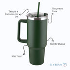 Garrafa Canecão em Inox Parede Dupla 1300ml com Alça e Canudo Verde