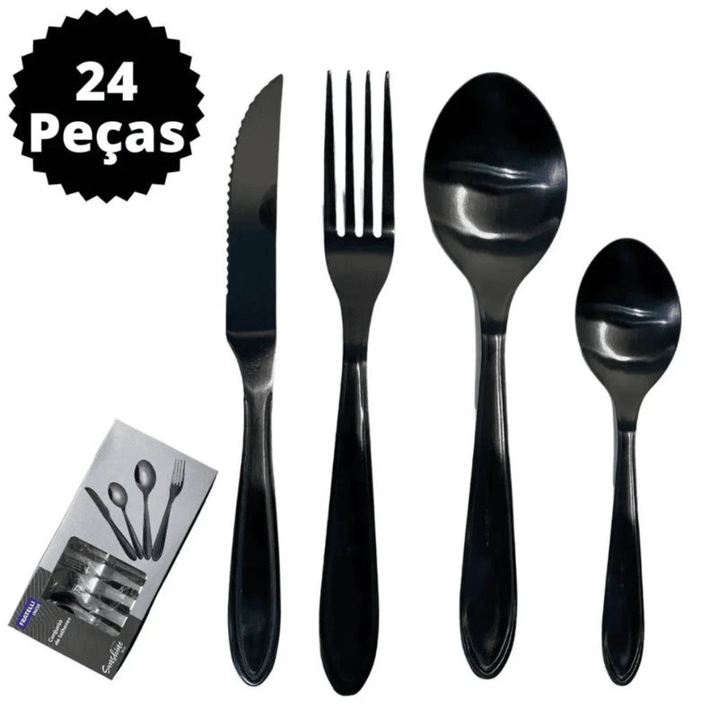 Kit Faqueiro Black Fosco Aço Inox 24 Peças Elegante