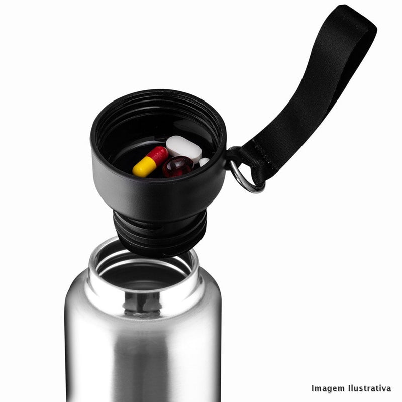 Garrafa em Inox Parede Dupla 500ml Com Copo e Porta Objetos Azul