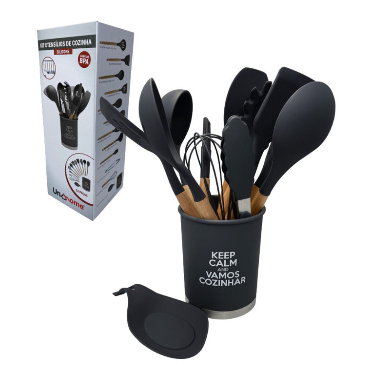 Kit Utensílios de Cozinha Silicone 13pçs - Preto