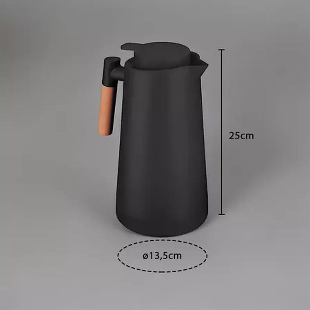 Garrafa Térmica Bule 1 Litro Parede Dupla com Ampola de Vidro e Alça de Madeira Preta