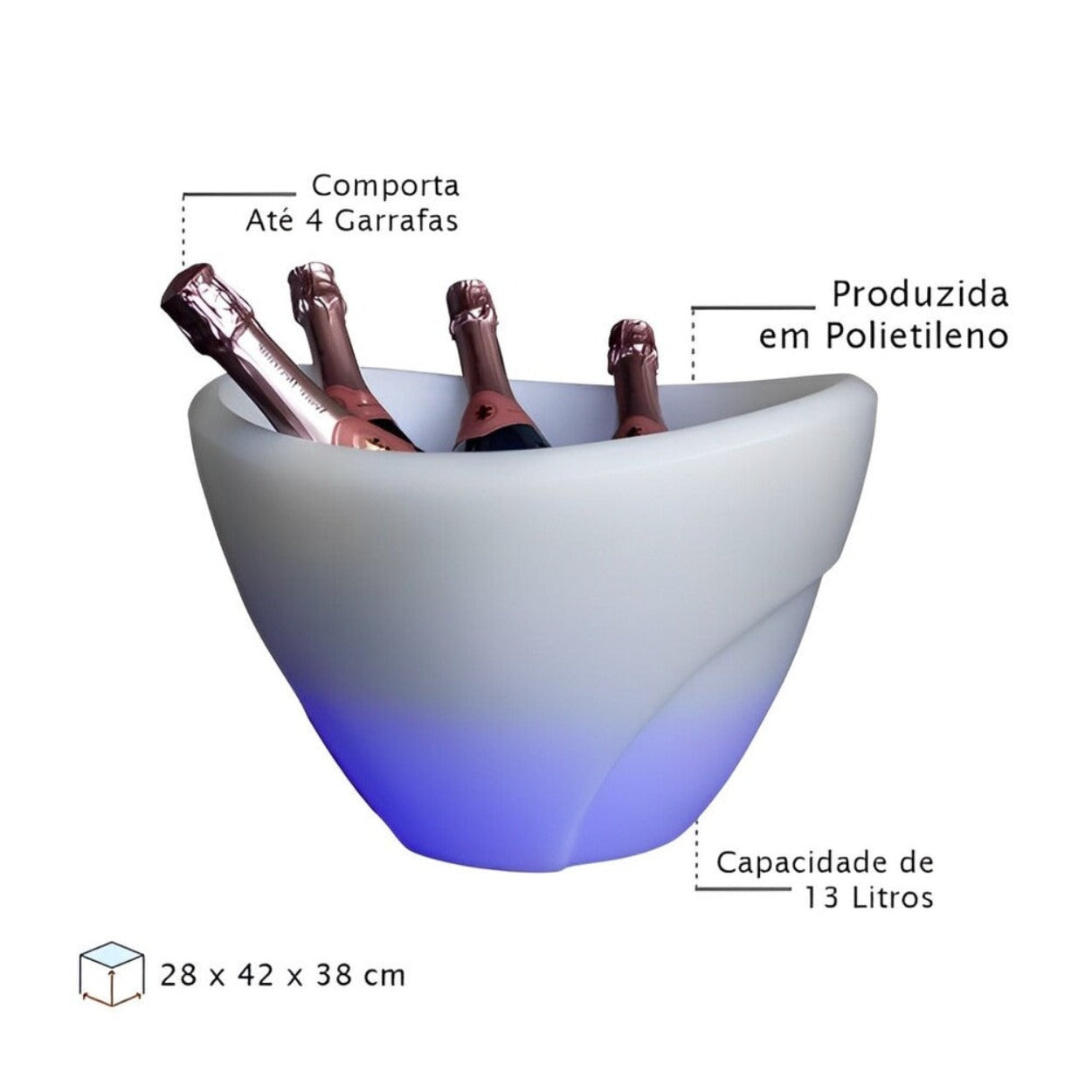 Champanheira com LED Balde de Gelo Para 4 Garrafas 13L Parede Dupla Branca