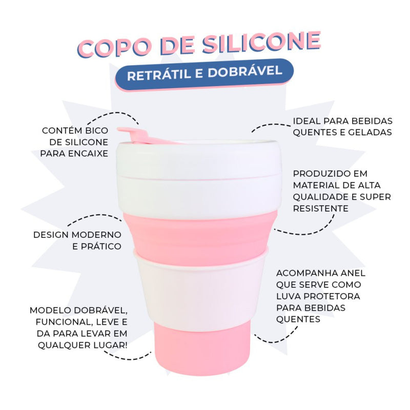 Copo Silicone Retrátil Dobrável C/ Tampa Reutilizável 350ml - Leve Compre