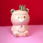 Caneca Porcelana 3D com Tampa e Colher Ursinho Rosa