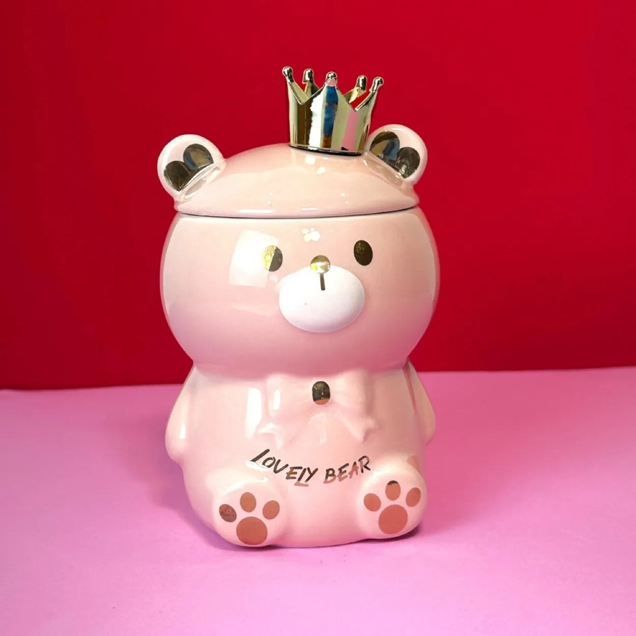 Caneca Porcelana 3D com Tampa e Colher Ursinho Rosa