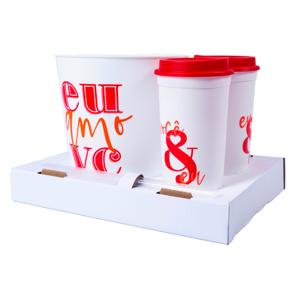 Kit Pipoca com 2 Copos e Balde - Eu Amo Você