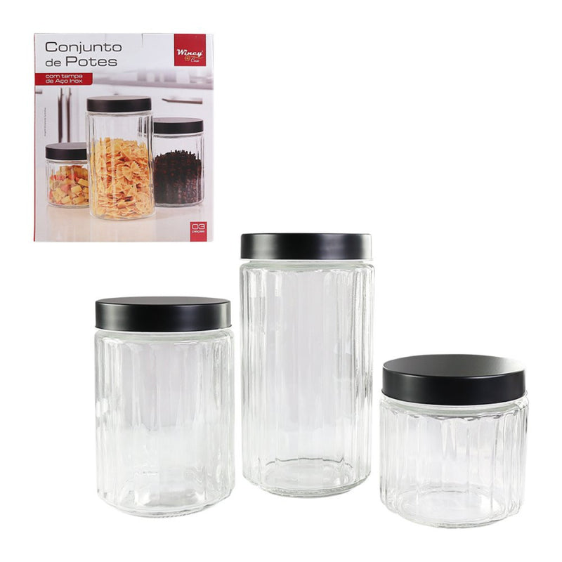 Conjunto de Potes de Mantimentos com 3 Peças de Vidro e Tampa de Inox - Leve Compre