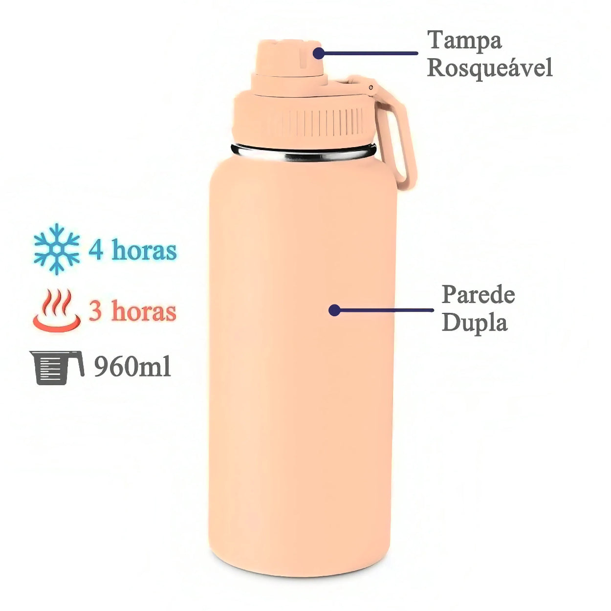 Garrafa com Alça e Bico 960ml Parede Dupla Pêssego