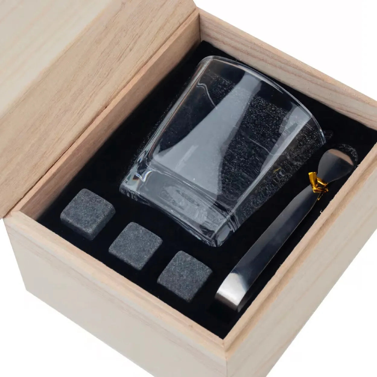 Kit Copo para Whisky + Pegador de Gelo + 3 Cubos de Pedra-sabão e Caixa de Madeira