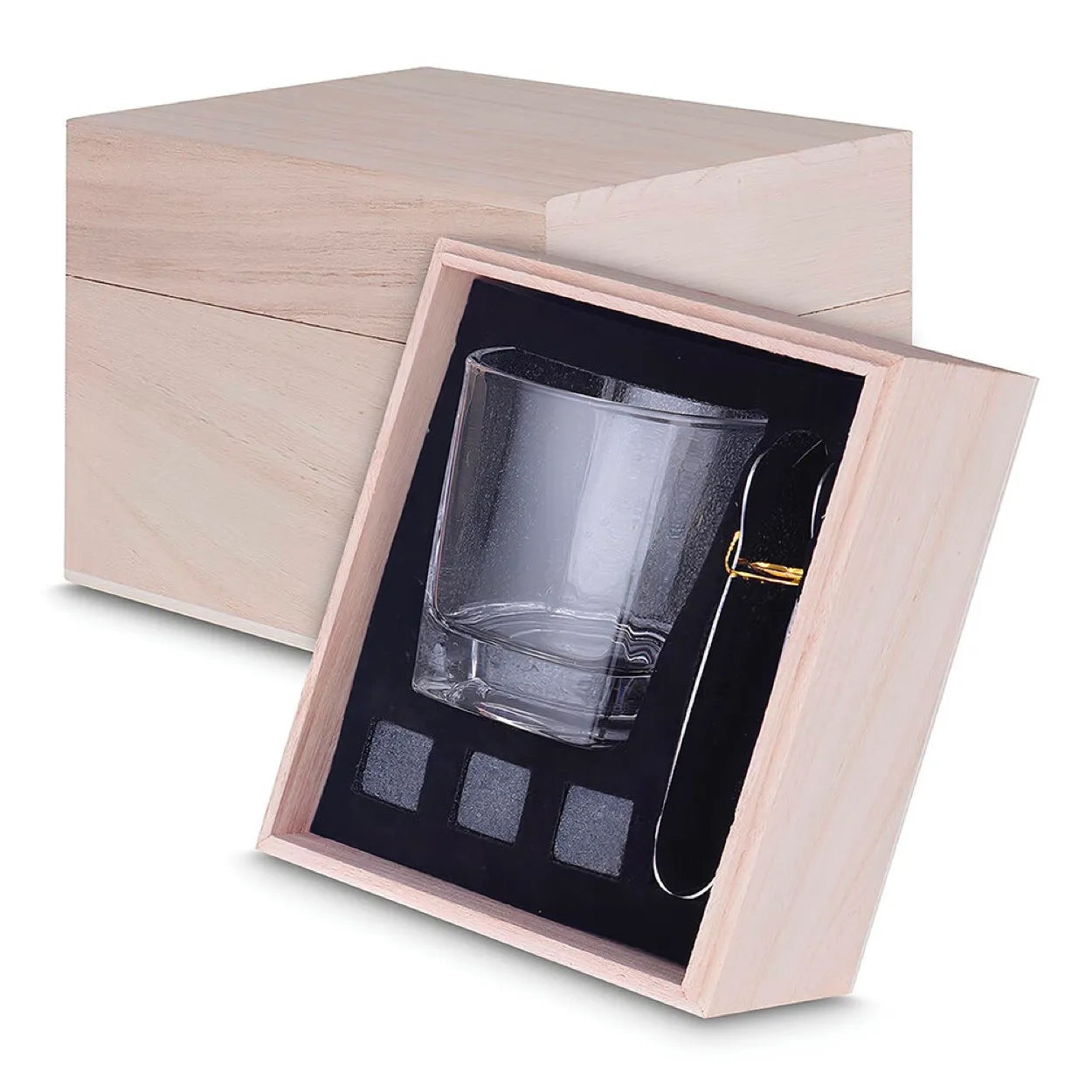 Kit Copo para Whisky + Pegador de Gelo + 3 Cubos de Pedra-sabão e Caixa de Madeira